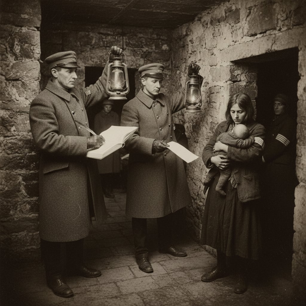 Joint Bureau of Purity and Bureau of Records suppression team in a stone basement warren at curfew, two grey-coated officials with lanterns, a clerk extending a blank Form 7-NR toward a young mother clutching her unregistered infant