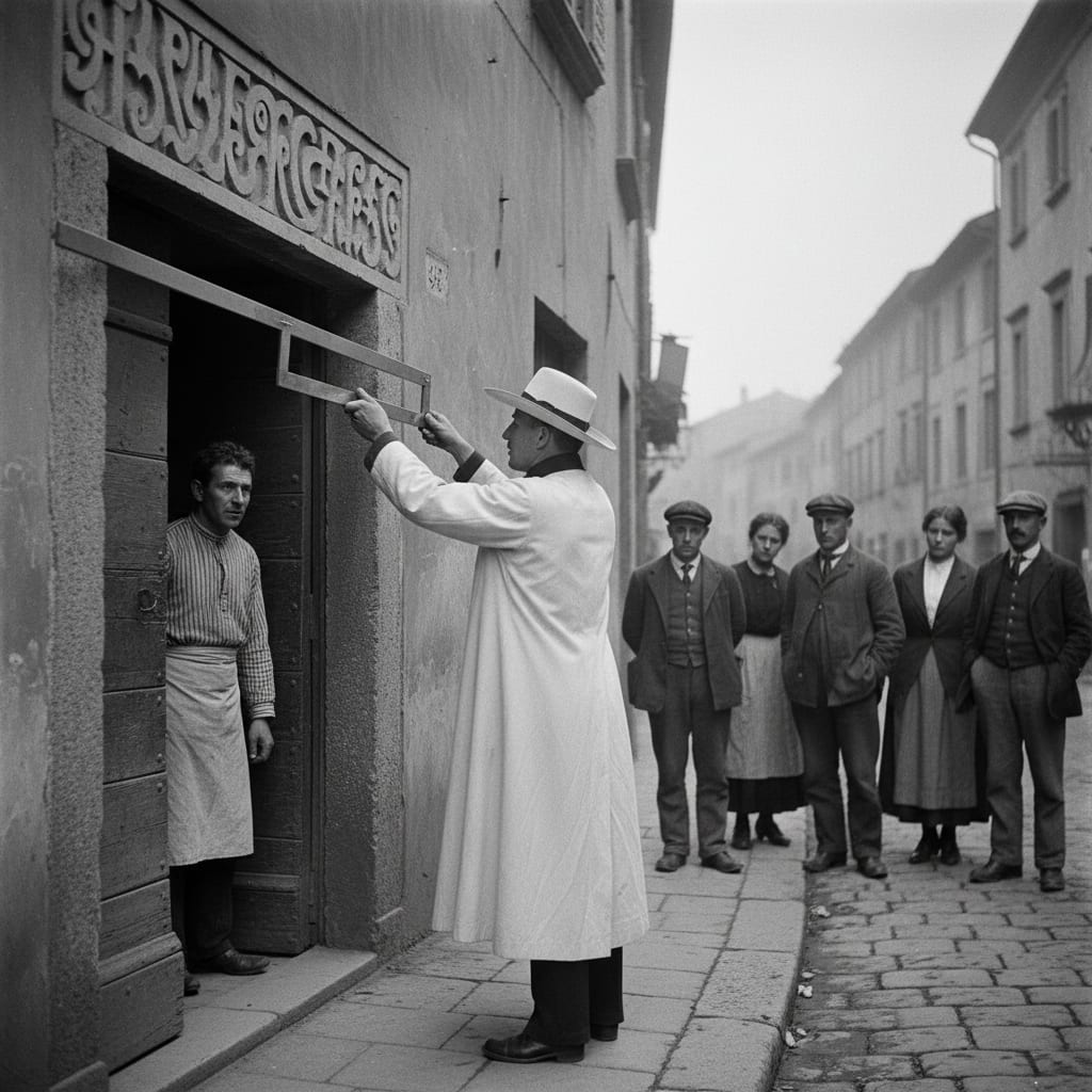 White-Mantled Inquisitor applying a brass angle-gauge to carved letters above a merchant shop door on a Lombard market street, bystanders watching with neutral expressions