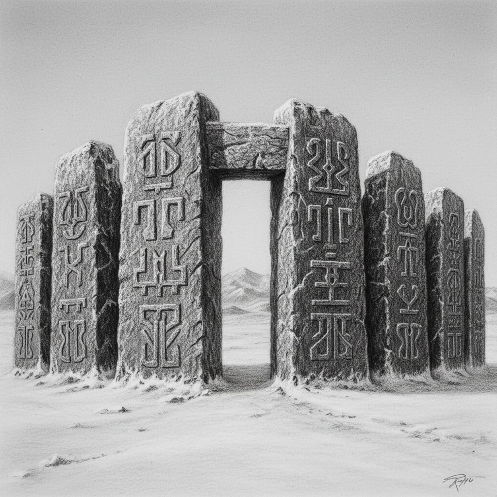 Seven monolithic Treaty-Stones at the Steppe Gate in winter, stone faces carved with precise angular script, frost on the carvings, gateway arch between the outermost stones