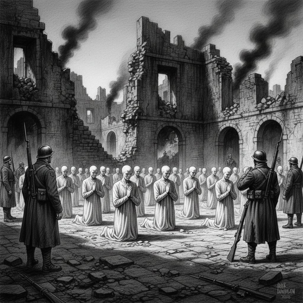 Calcium-white faceless figures in postures of prayer arranged in rows across a ruined Avignon courtyard at dawn, smoke-blackened walls, garrison soldiers keeping their distance at the far edges