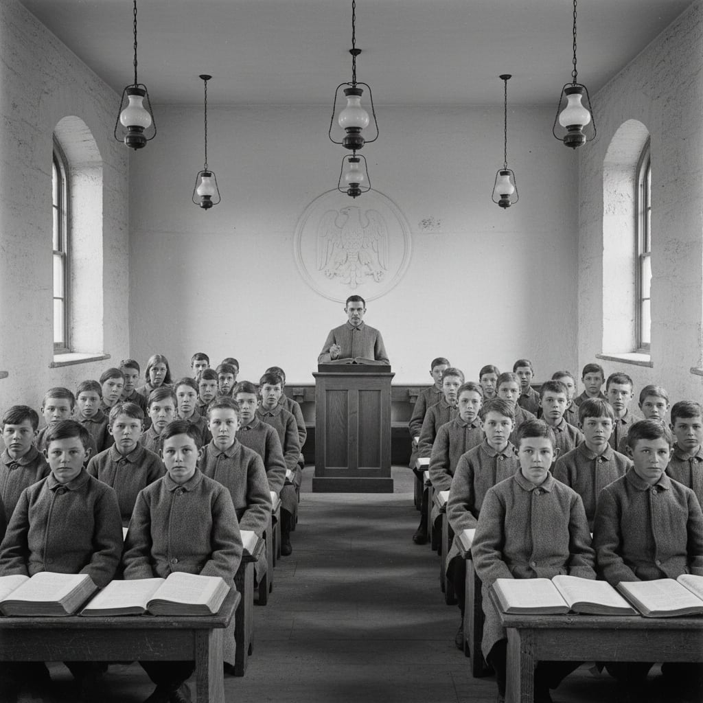 Interior of a Bureau Catechism School — rows of children in plain grey coats at wooden benches, each with a grey-vellum Catechism open before them, a teacher at the lectern