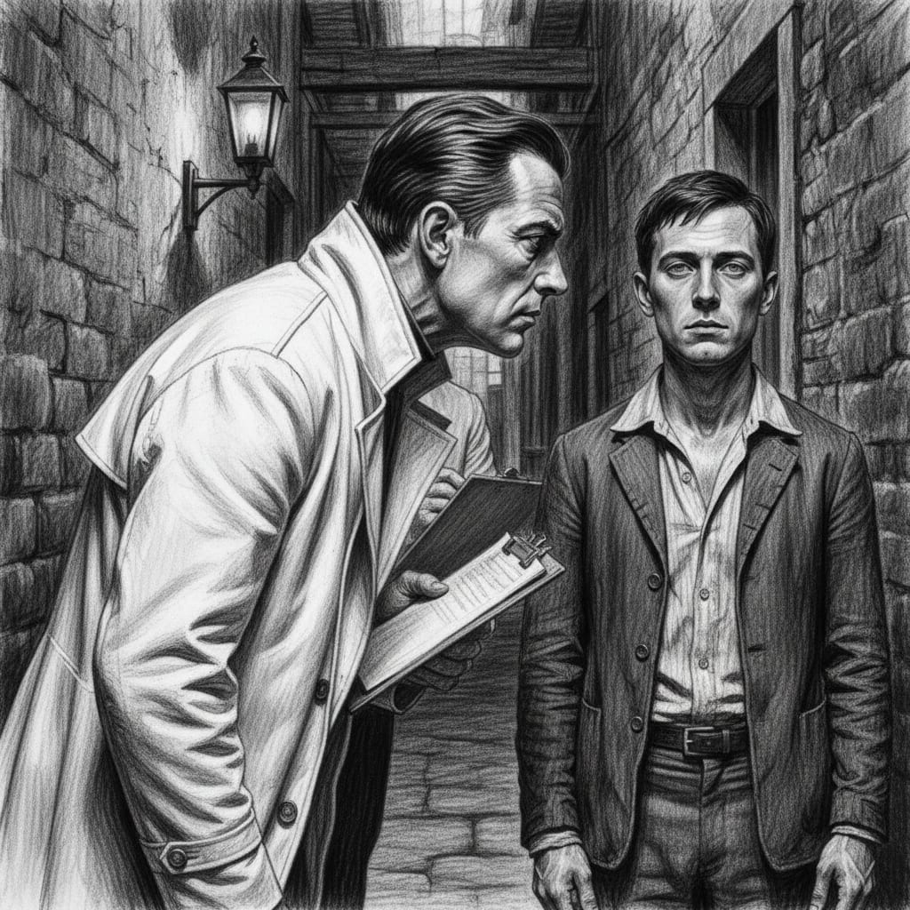 A White-Mantled Inquisitor standing inches from a man's face in a tenement corridor at twilight, studying his expression for indicators of unsanctioned contemplation