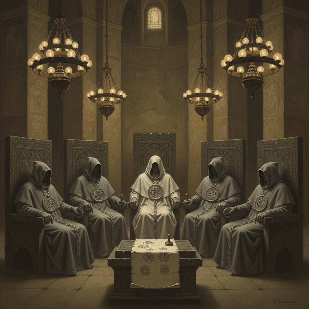 Six grey-robed Hierarchs at carved stone chairs bearing Seal insignia, the seventh chair draped in white cloth and empty, gas-lamp chandeliers above the seven-stamped document on the central lectern.