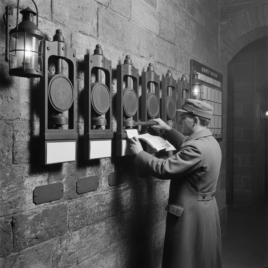 Seven bronze stamp-press frames mounted in a Bureau of Doctrine corridor — each engraved with its Seal's domain, a grey-coated clerk pressing a seven-stamp document at the central press, quarterly rotation placard beside him.