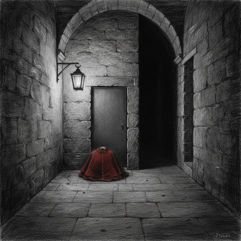 A smooth iron door in the Basilica sub-levels with no handle on the outside, a gas lantern beside it, a folded warm cassock on the floor before it, the corridor featureless in both directions.