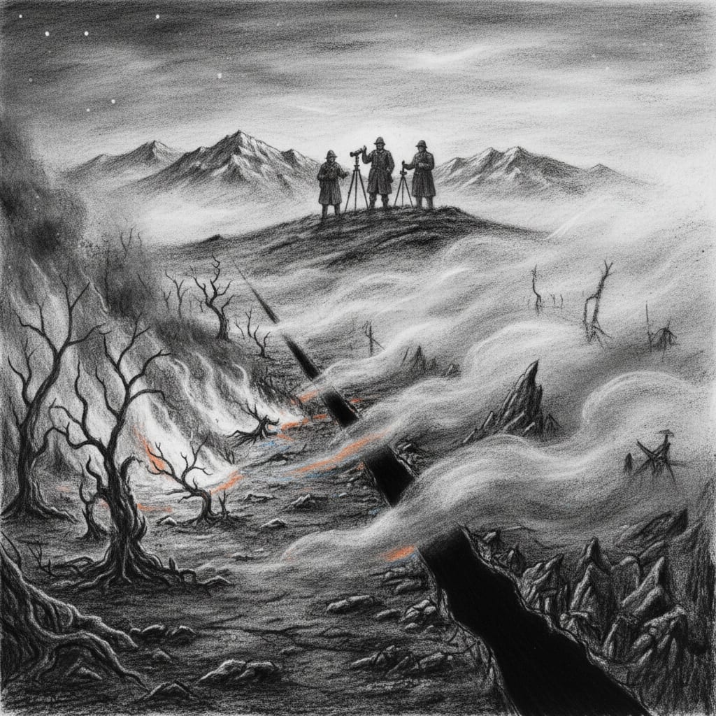 The Maldrake-Syrion contact zone in the Balkan foothills — fire and dense grey fog meeting at a stable impossible boundary, three Bureau of Engineering survey soldiers silhouetted on a distant hilltop with instruments