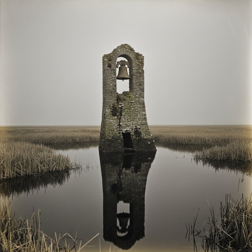 The Drowned Shrine's corroded bell-tower rising from black still water in the Shipka Marsh, the flooded belfry barely visible at the top, dense reed-beds surrounding it, grey overcast morning light.