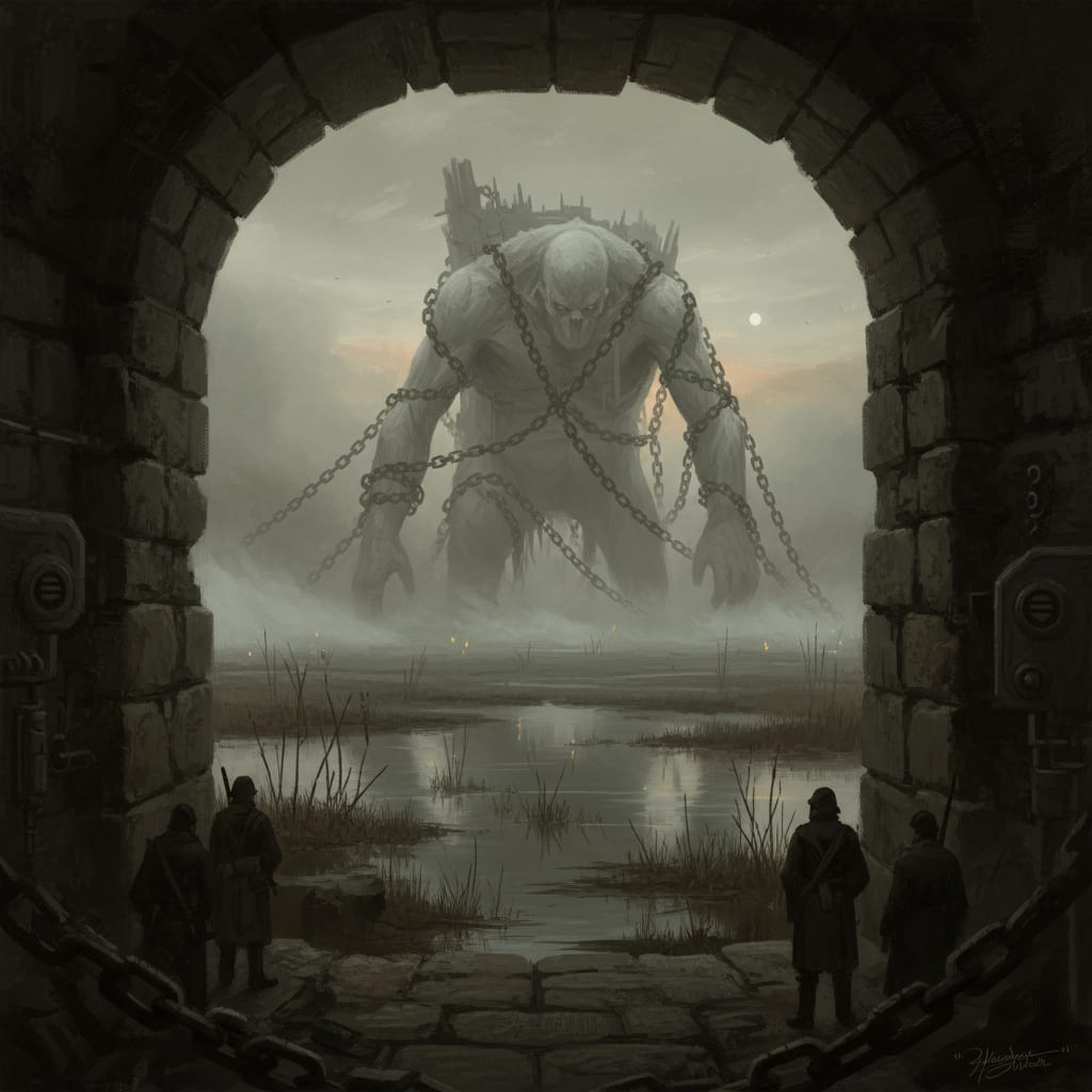 A Slumber-Hulk glimpsed through marsh fog from Bastion-Shipka — vast chain-bound shape, iron links looped across a torso the size of a collapsed tower, pale flesh between chains, dusk light, fortification stonework in the foreground