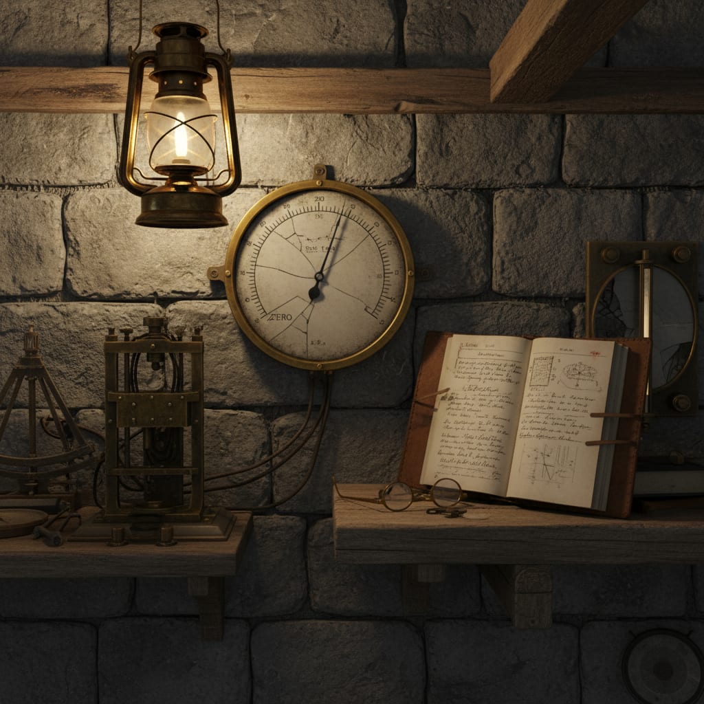 Hourglass Station Two drag-gauge during the A.S. 194 Slumber-Hulk approach — instrument needle flat against the zero stop, Adept Vesk's field journal open beside it, WWI-era scientific equipment in a stone field station
