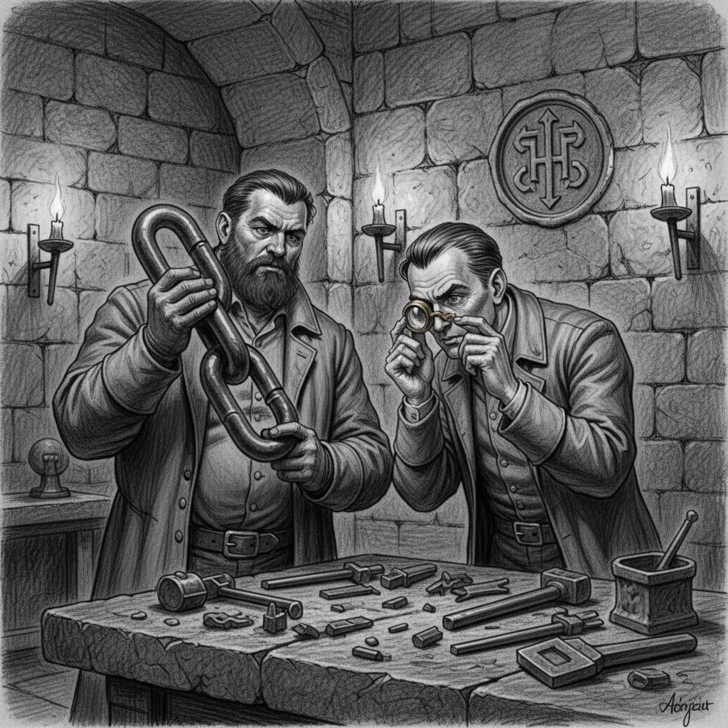 Bureau of Engineering specialists examining a recovered Slumber-Hulk chain fragment — massive dark iron link, featureless surface, two grey-coated experts with a loupe, the atmosphere of men classifying something they cannot classify