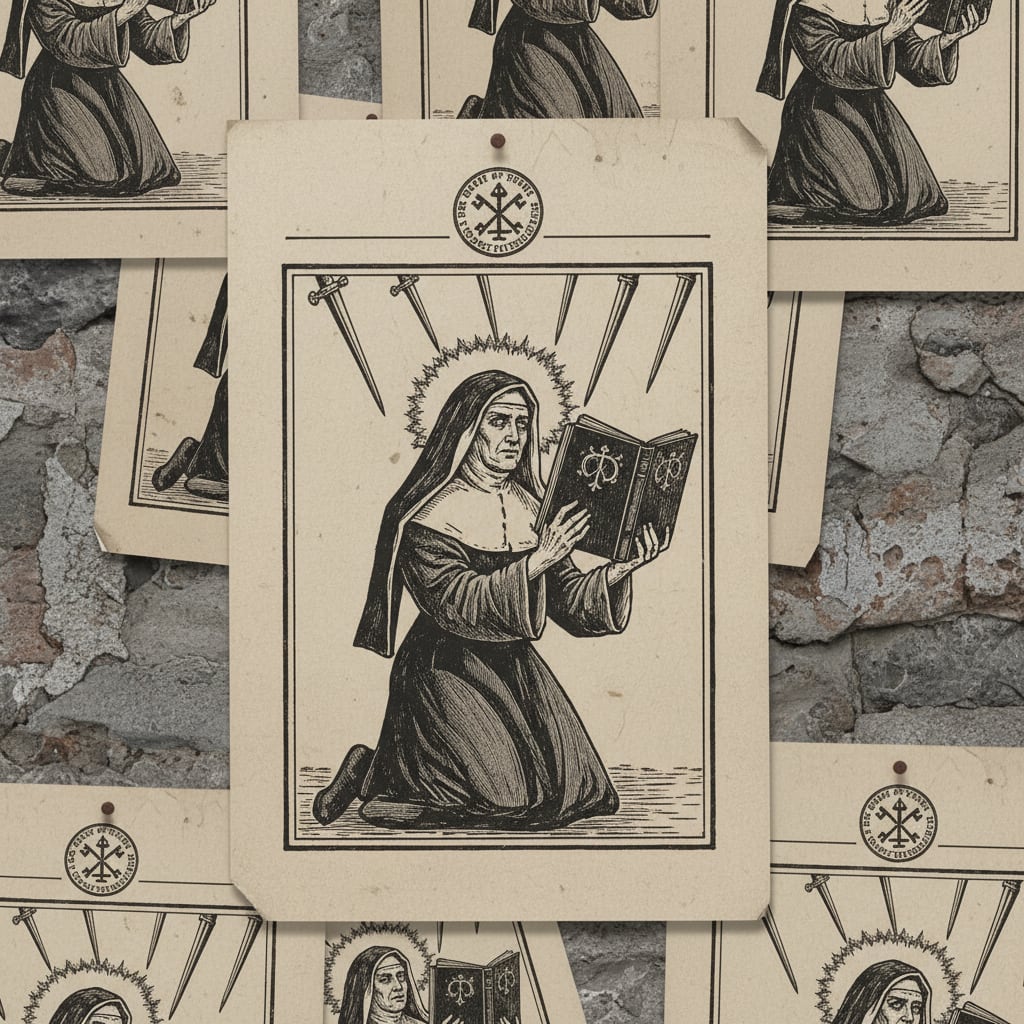 Woodcut broadsheets of Saint Margaux pinned to a Rhineland parish hall stone wall — the kneeling nun with psalter raised, bayonets above, crude halo, printed in dark ink on rag-bond paper