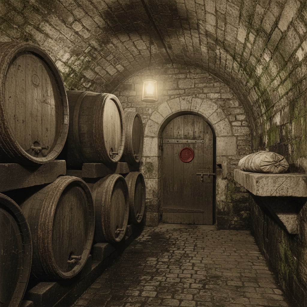Hartmann's brewery cellar in Deutz, low stone-vaulted fermentation room with casks stacked to the ceiling, sealed crypt door in the far wall with wax seal and iron bolt, oilcloth-wrapped parcel on a stone shelf beside it, tallow lantern on a hook.