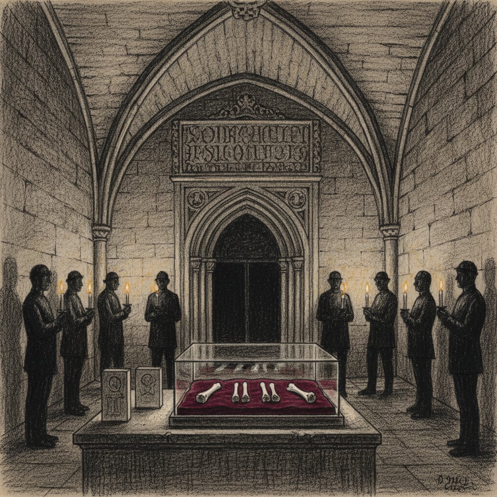 Three apostolic phalanges in a shallow velvet-lined glass case lit from below in the Relics Archive at Strasbourg, silhouettes of porters and supply-runners with candles standing around the case on Feast Day, stone archive vaulting above.