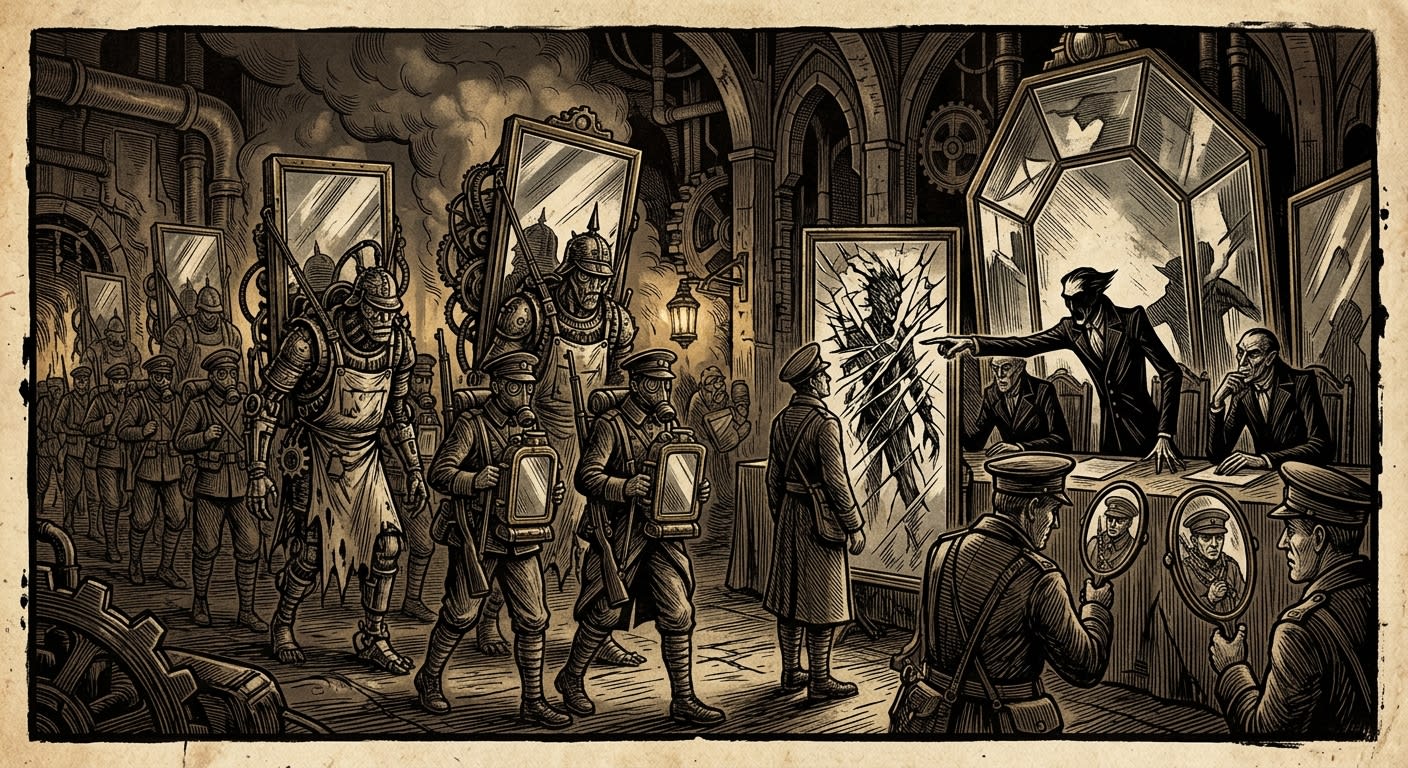The Mirror-Lords — On the Mirror Courts and Their Export, rendered as woodcut.