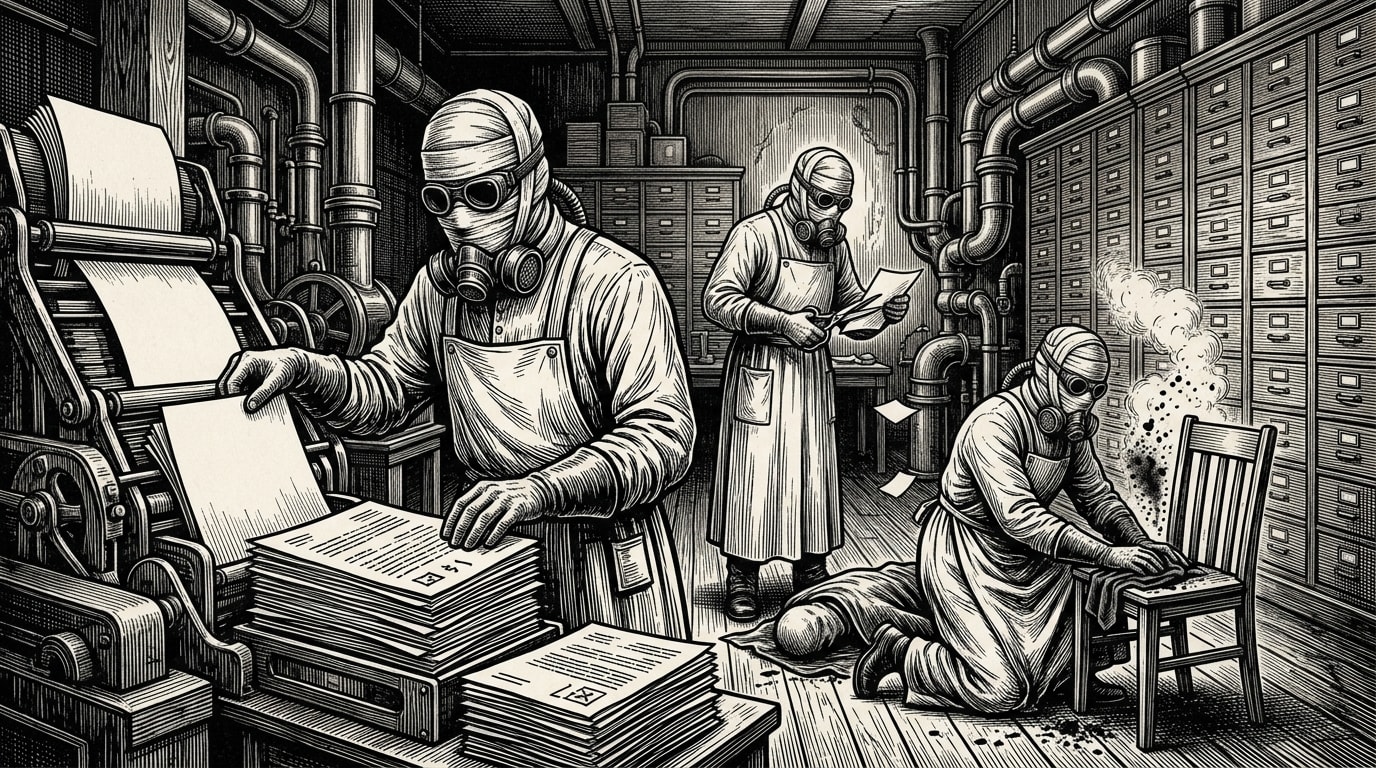 The Custodians — On What They Custodiate, rendered as woodcut.