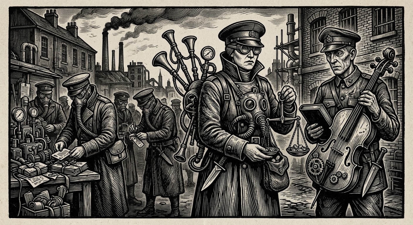 The Clipped Choir — On Members, Instruments, and the Discipline of Small Knives, rendered as woodcut.