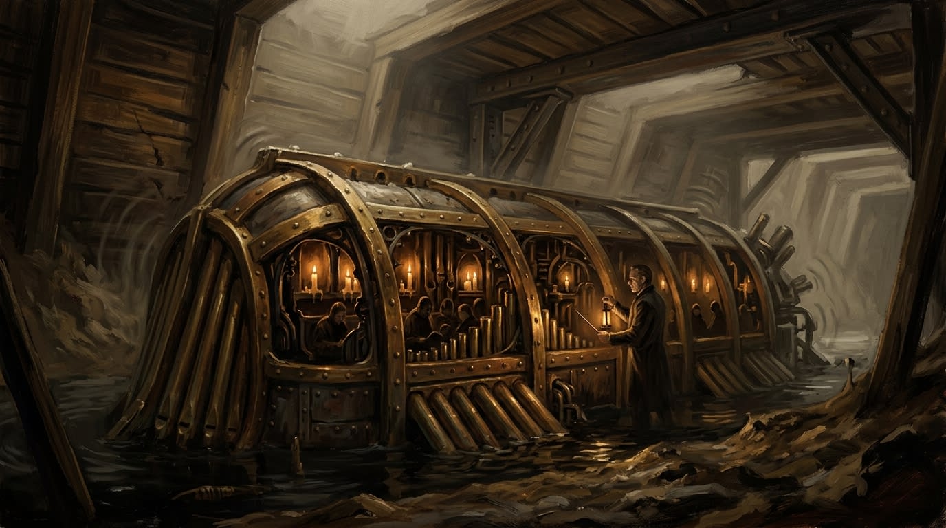 A riveted bronze choir chamber stands in a flooded underground vault, its singers and organ pipes illuminated by candles.