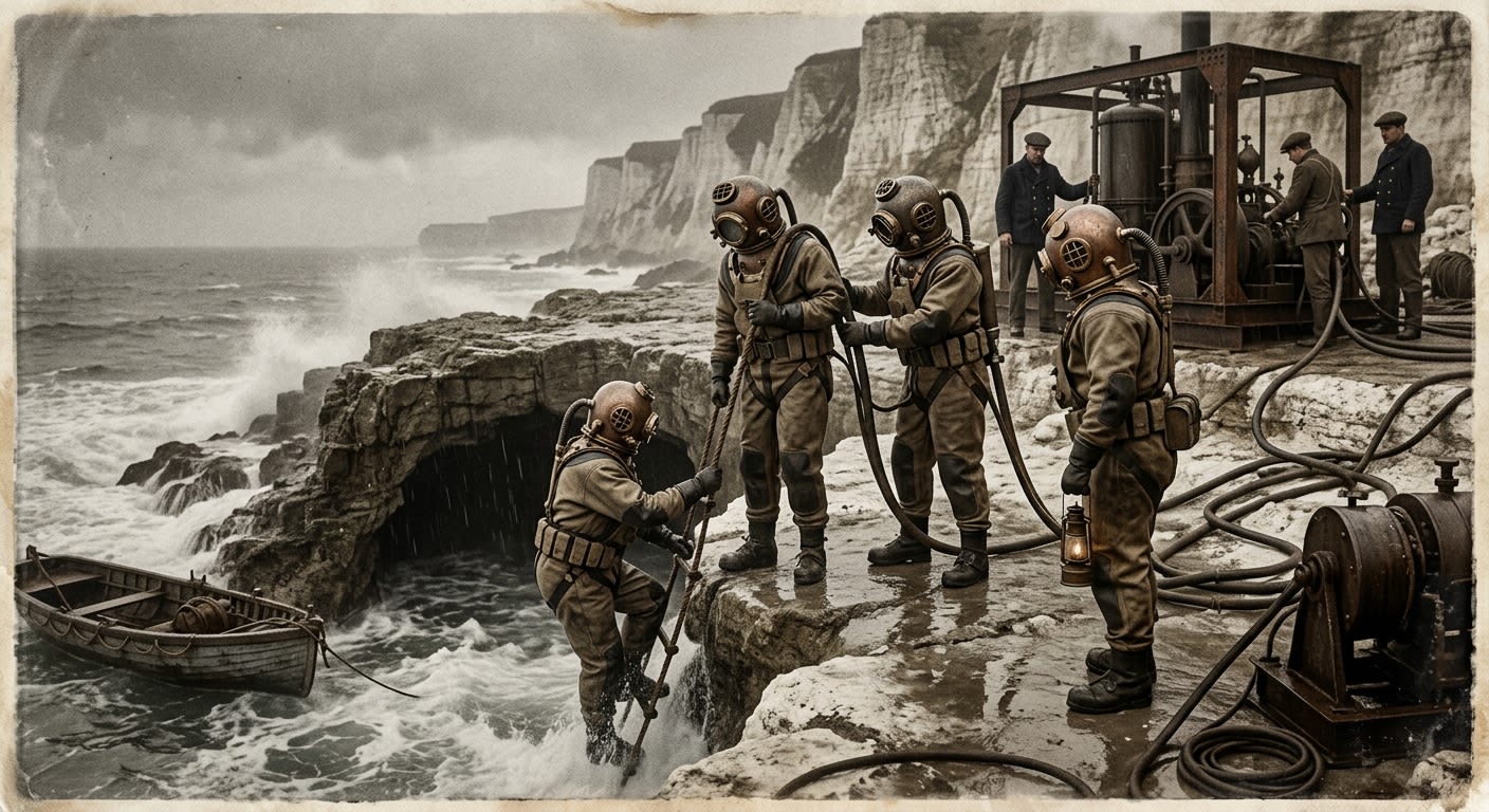 Undertide Divers — On Their First Descent, rendered as photograph.