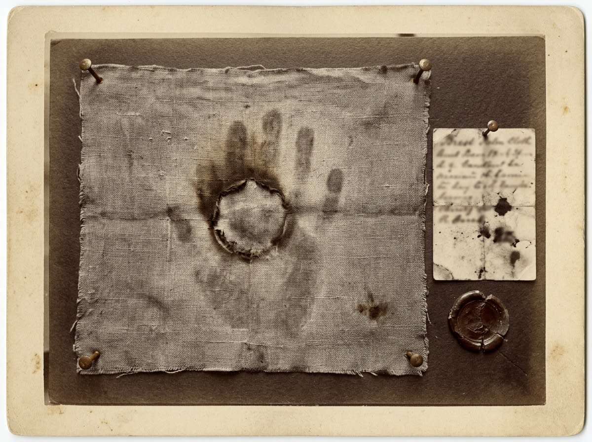Sepia evidence photograph of the Brest Palm-Cloth, a grey linen relic with a circular wax burn and faint four-finger impression, pinned beside a Bureau case card.