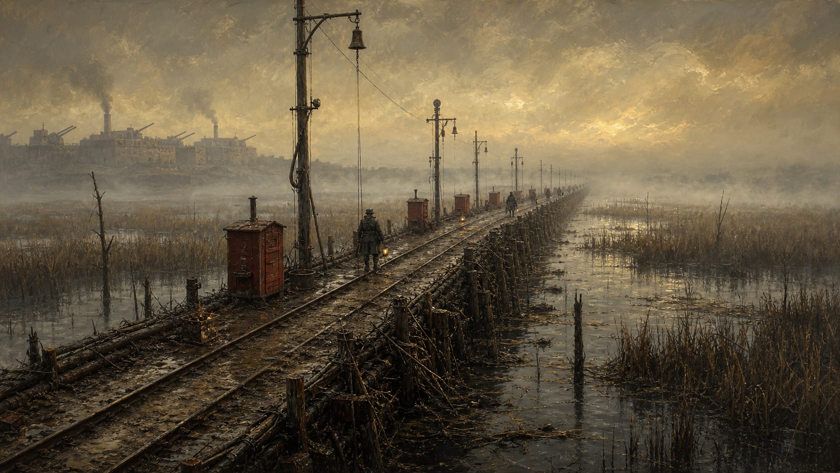 A narrow raised causeway crosses flooded reed marshes, lined with bell poles, red guard huts and patrolling wardens.