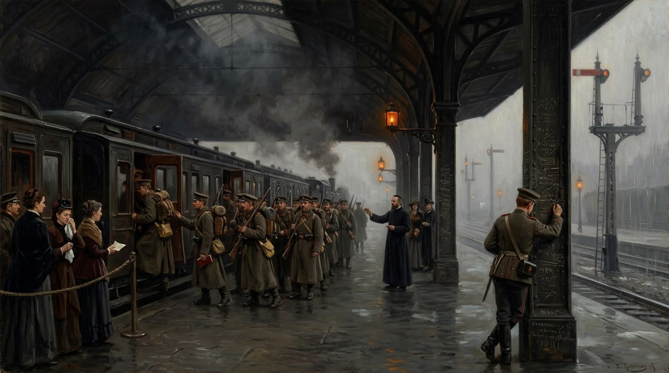 Oil painting of Gleis Achtzehn at the Munich Cross-Station, with soldiers loading onto an eastbound steam train under a soot-black iron canopy while families and a chaplain watch in rain and steam.