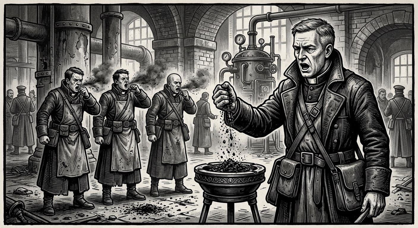Ash Chaplains — On Training and the Making of a Throat, rendered as woodcut.