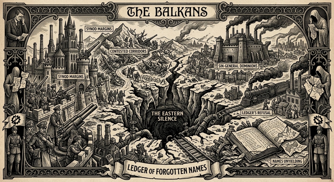 The Balkans — On the Eastern Silence, rendered as woodcut.