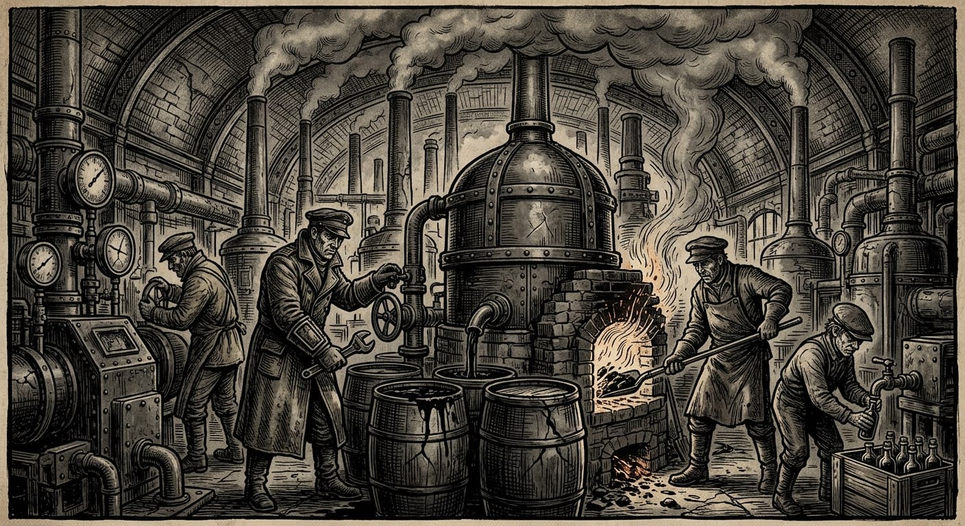 Black Diesel — On Distillation and the Black Craft, rendered as woodcut.
