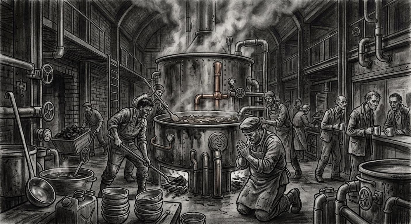 Boiler Commons — On the Kitchens and Their Theology of Broth, rendered as charcoal.