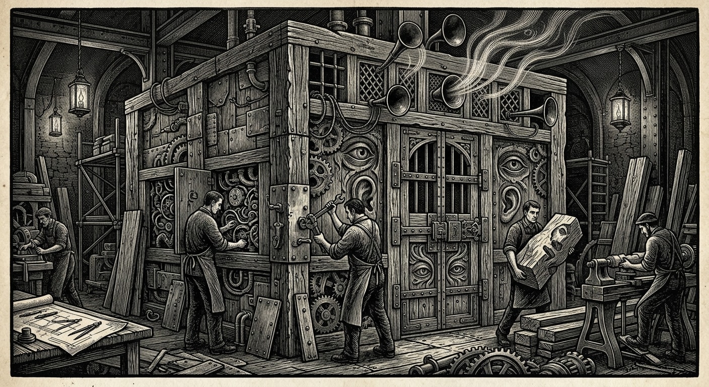 Booth 77 — On Its Construction and Offended Wood, rendered as woodcut.
