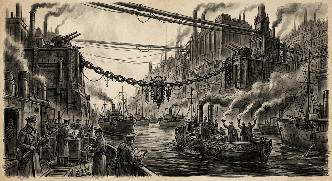 The Bosphorus — On Convoys and the Taxed Breath of Passage, rendered as charcoal.