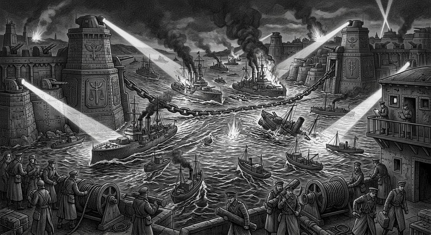 The Bosphorus — On the Night the Strait Burned White, rendered as engraving.