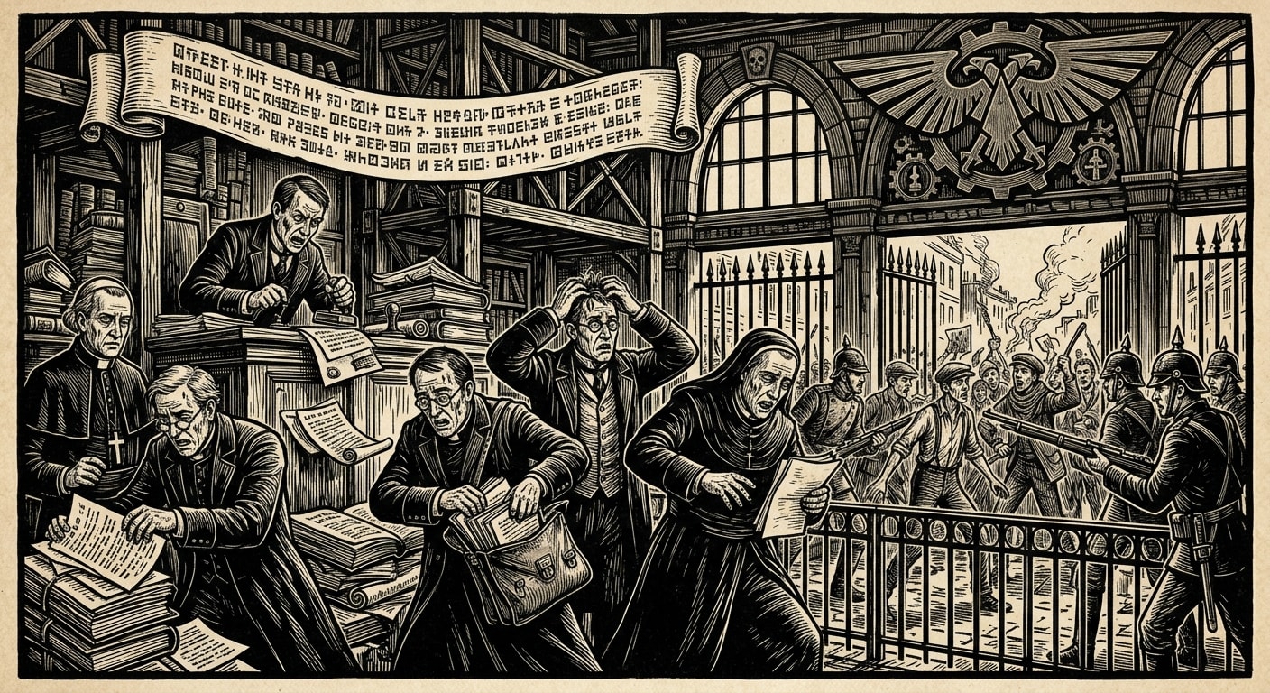 The Broth Riots — On the Bureaucratic Panic, rendered as woodcut.