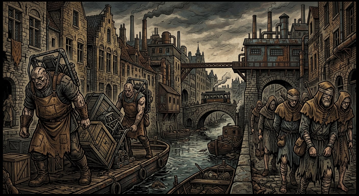 Bruges — On Grotesques and Exiled Hands, rendered as woodcut.