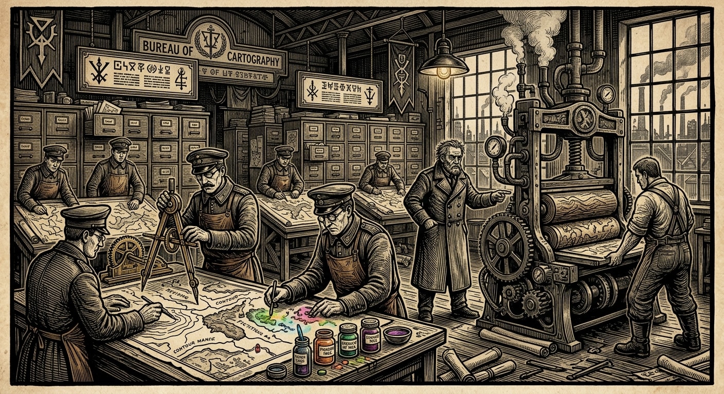 Bureau of Cartography — On Instruments, Colours, and the Blessed Fraud of Scale, rendered as woodcut.
