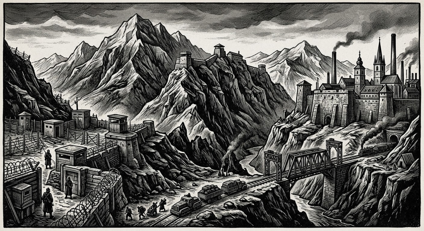 Carpathians — On Przemyśl, Sibiu, and the Middle Wall, rendered as woodcut.
