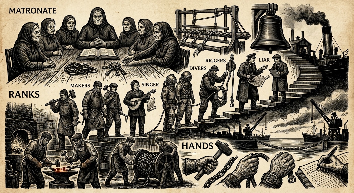 Chainwrights — On Ranks, Hands, and the Matronate, rendered as woodcut.