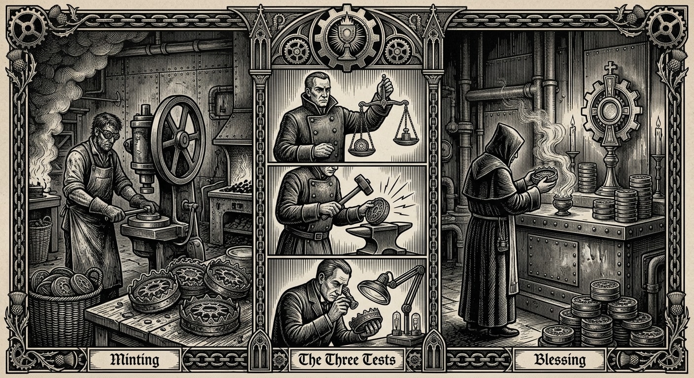 Crown of Grace — On Minting, Blessing, and the Three Tests, rendered as woodcut.