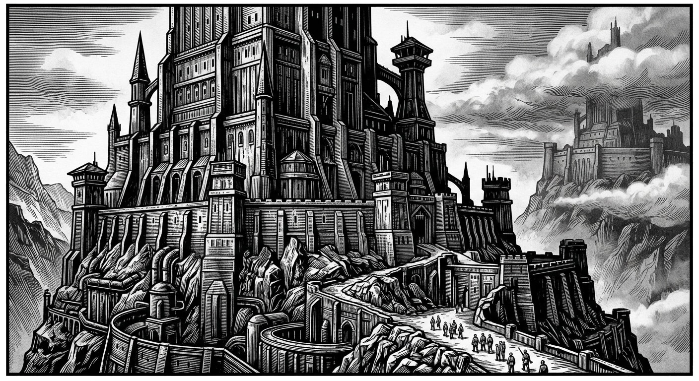 Crownspire — On the Architecture of Ascent, rendered as woodcut.