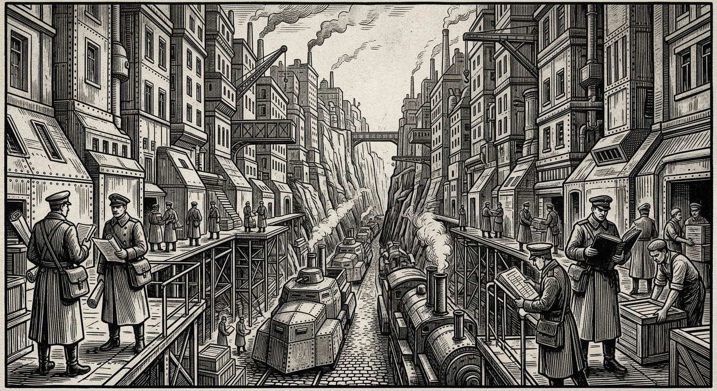 Danube — On the Corridor of Cities, rendered as woodcut.