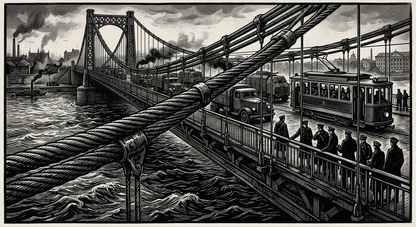 Dębnicki Bridge — On Wire, Water, and Engineering, rendered as woodcut.