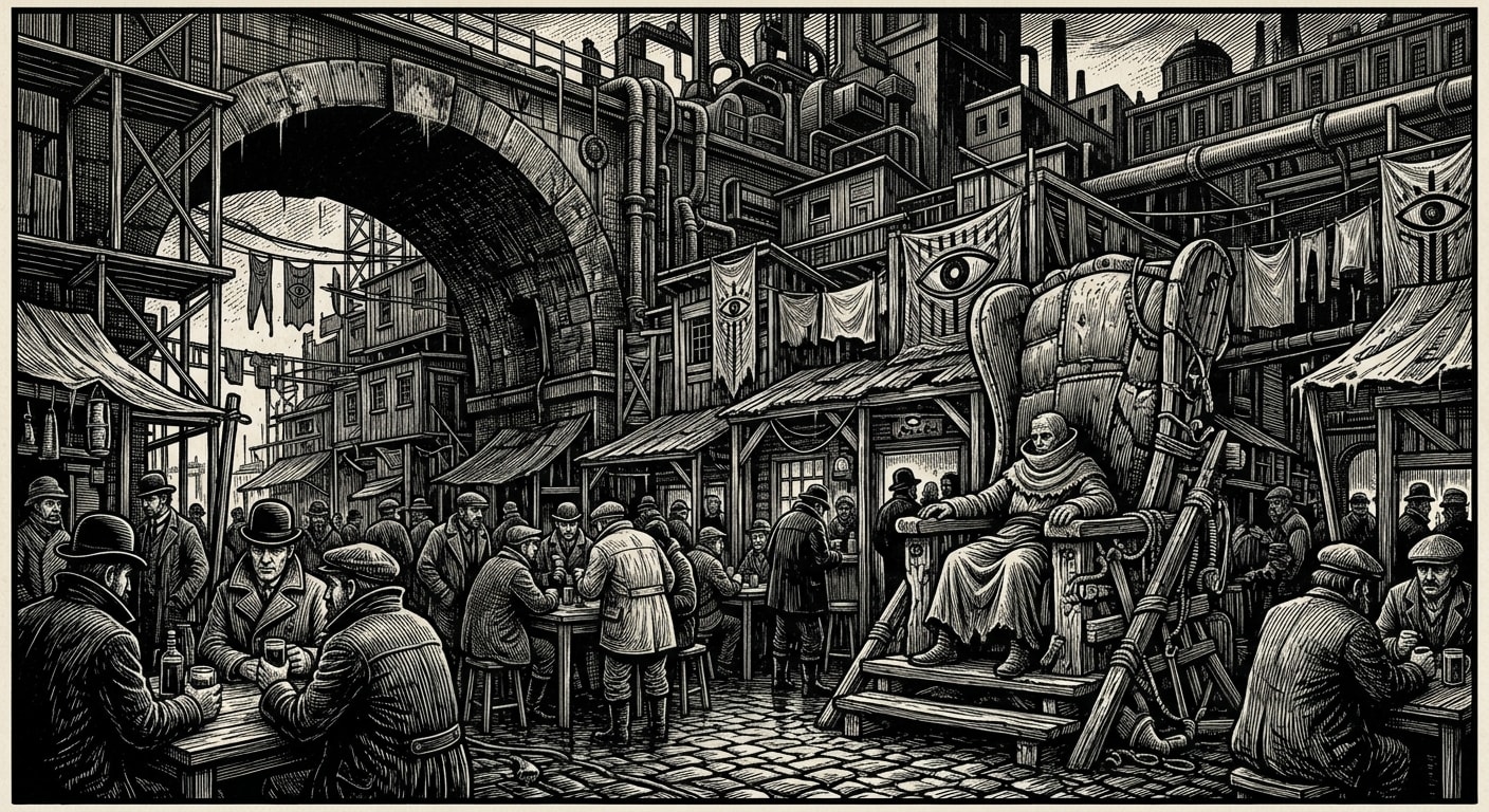 Drowned Row — On Taverns, Dive-Lodges, and the Row's Little Thrones, rendered as woodcut.