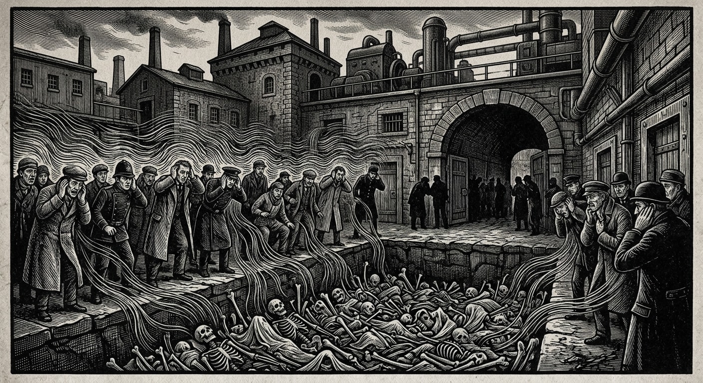 First Ossuary Panic — On the Sounds Below, rendered as woodcut.
