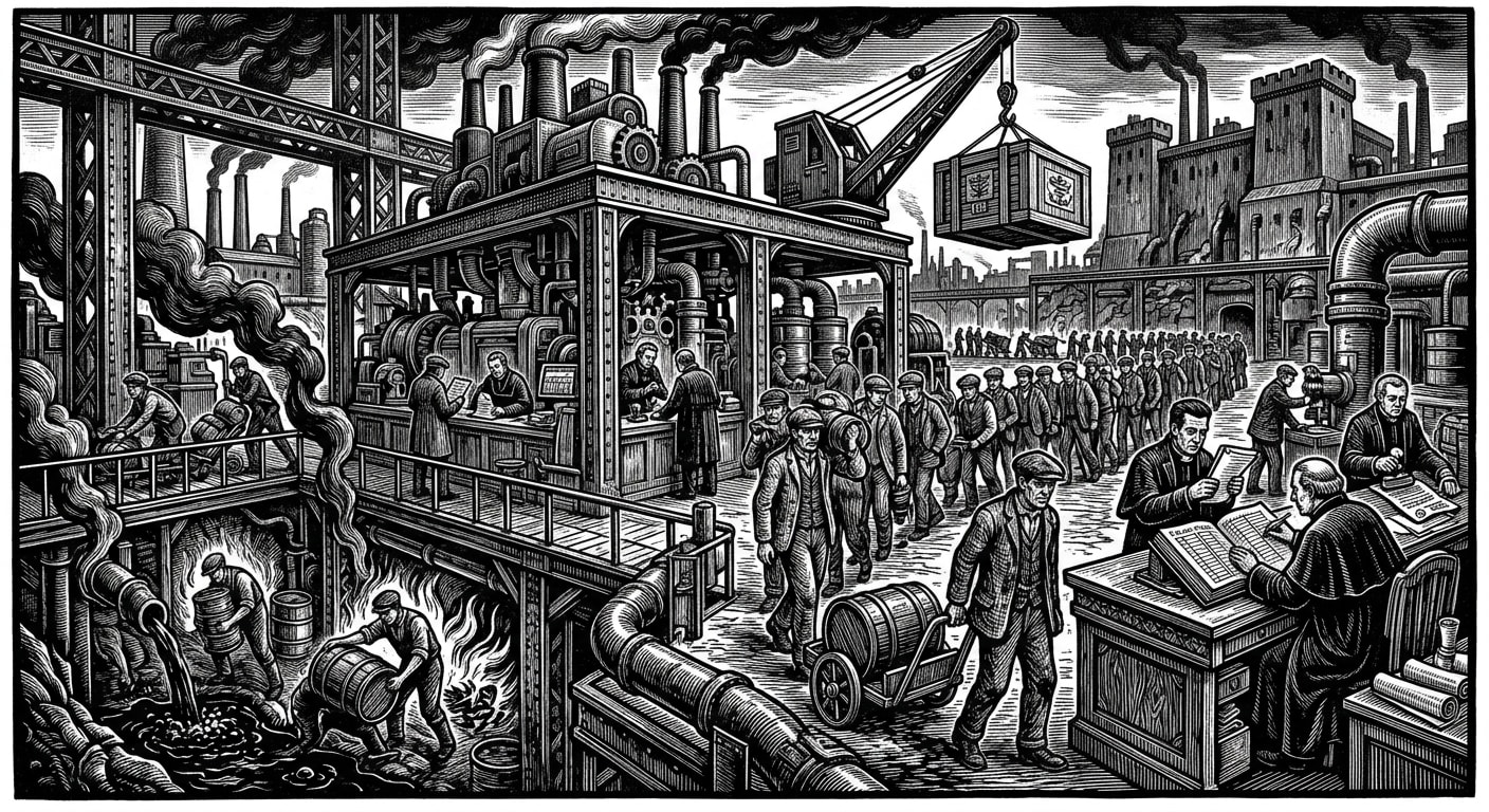 Fuel Monopoly Acts — On the Charter System, rendered as woodcut.
