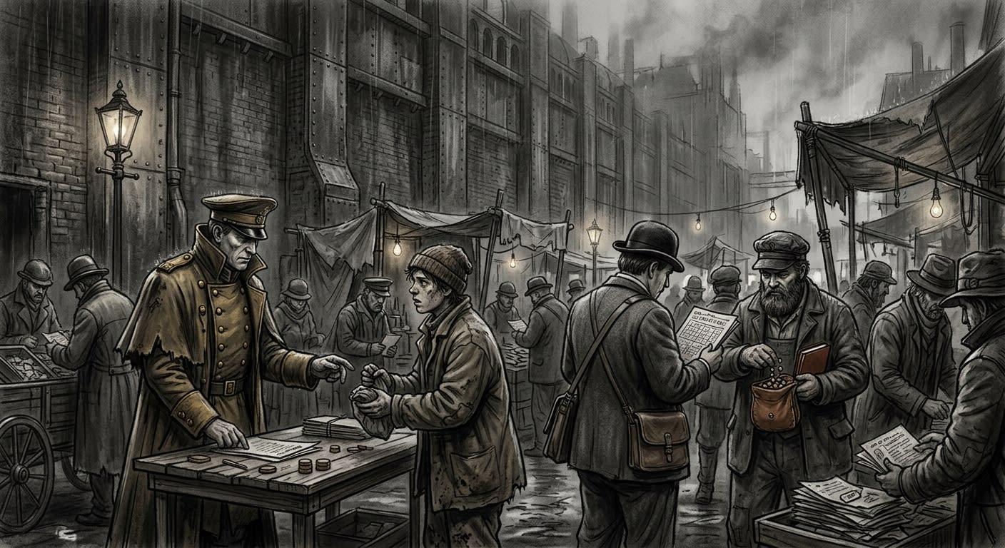 Grave-Name Market — On Brokers, Runners, and the Ninth Count, rendered as charcoal.