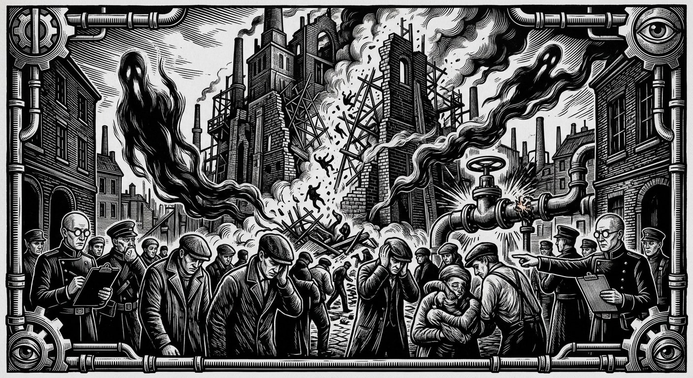 The Great Hush — On the Nine Hours, rendered as woodcut.