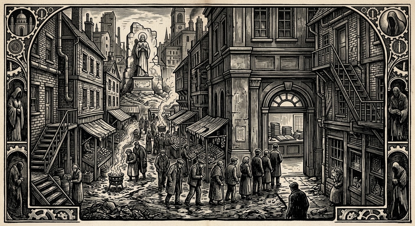 Halle — On the Market Drift and Saint Oren's Failure, rendered as woodcut.