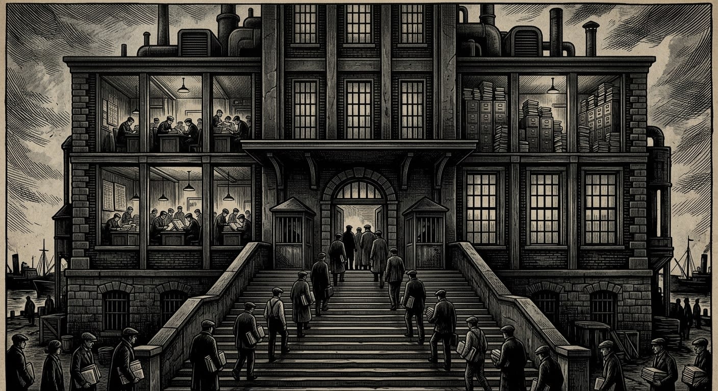 Harbor Ledger Office — On the Steps, Windows, and Rooms, rendered as woodcut.