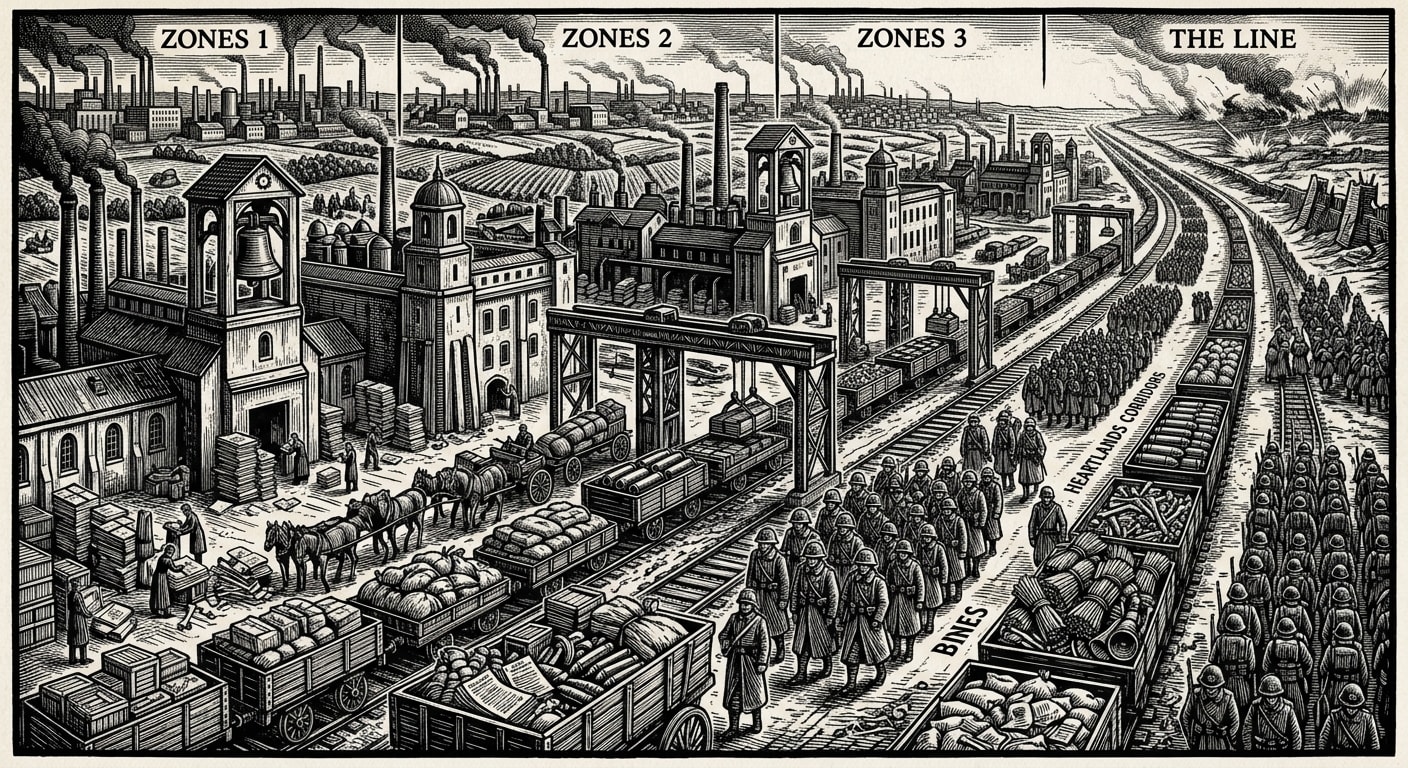 The Heartlands — On Zones, Corridors, and the Geography of Use, rendered as woodcut.