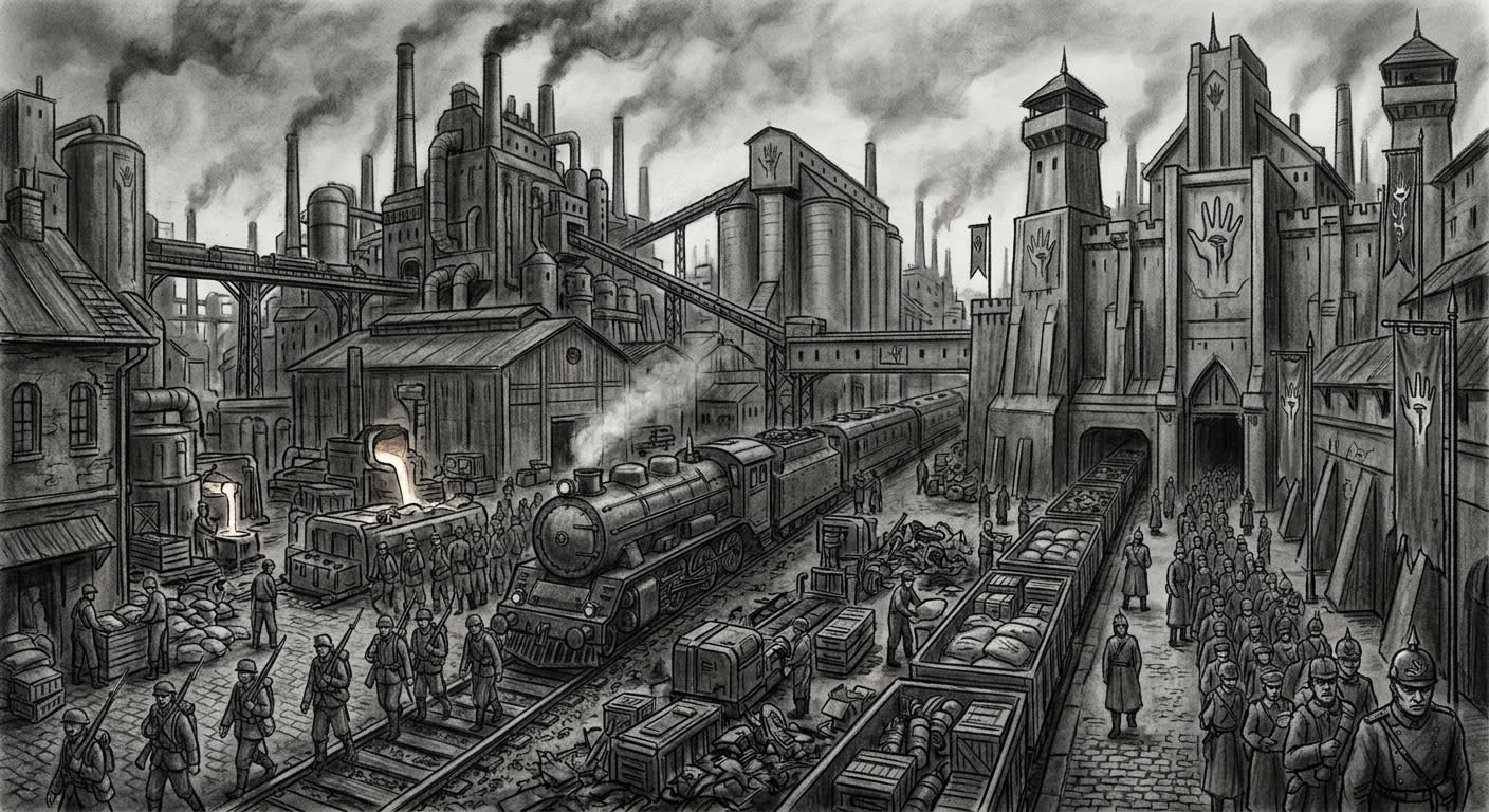 The Heartlands — On the Cities That Feed the Wound, rendered as charcoal.